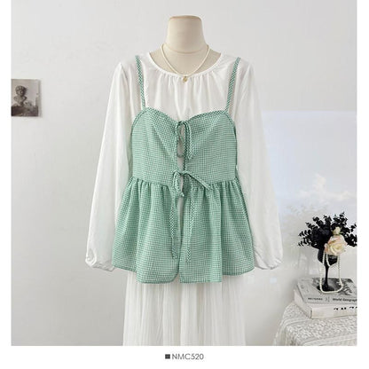 Flowy Camisole and Top Set with Tie Front and Round Neck