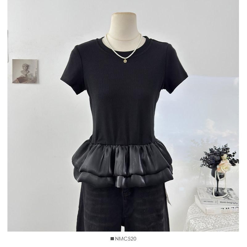 Ruffle Panel Mesh T-Shirt with Short Sleeves and Round Neck