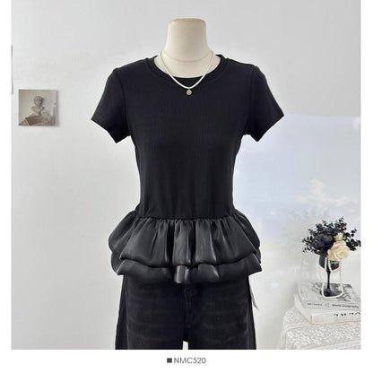 Ruffle Panel Mesh T-Shirt with Short Sleeves and Round Neck