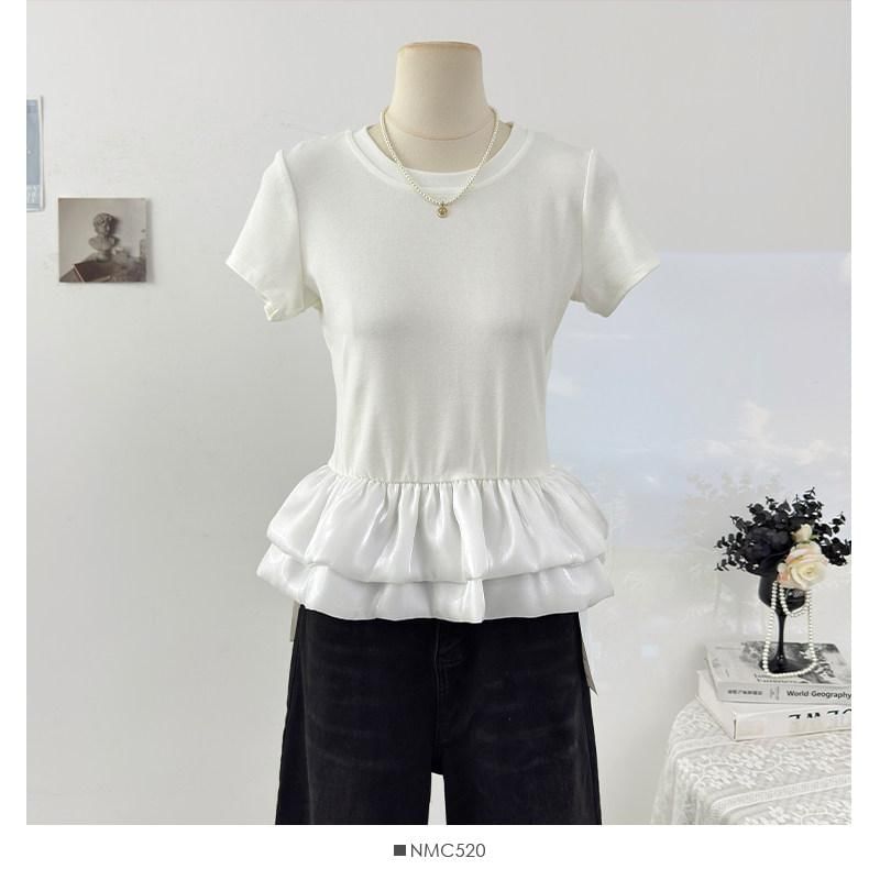 Ruffle Panel Mesh T-Shirt with Short Sleeves and Round Neck
