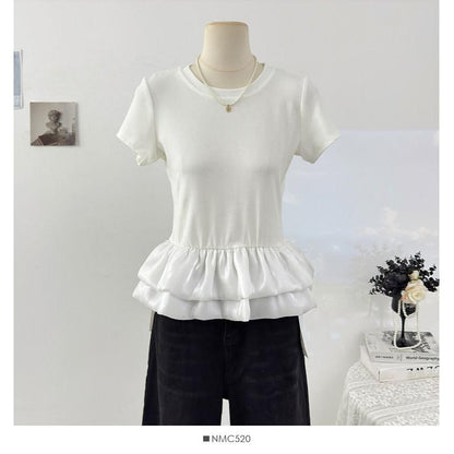 Ruffle Panel Mesh T-Shirt with Short Sleeves and Round Neck