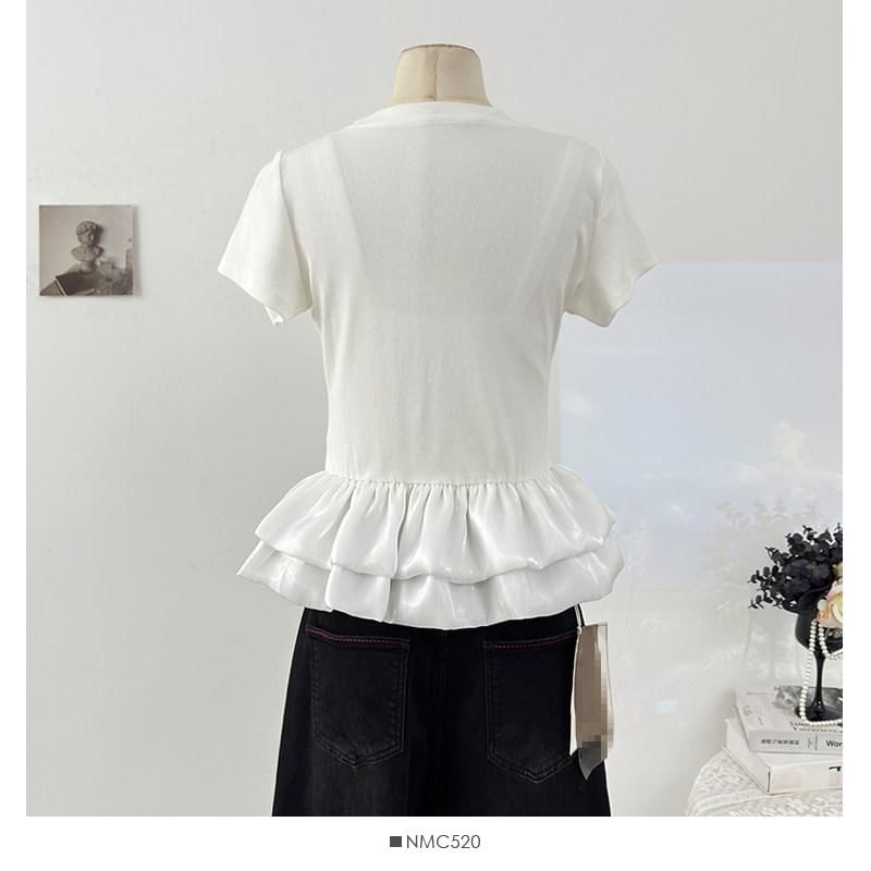 Ruffle Panel Mesh T-Shirt with Short Sleeves and Round Neck