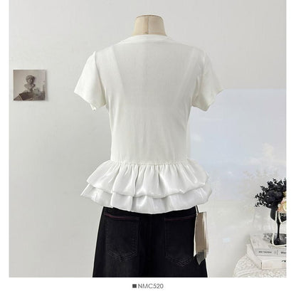Ruffle Panel Mesh T-Shirt with Short Sleeves and Round Neck