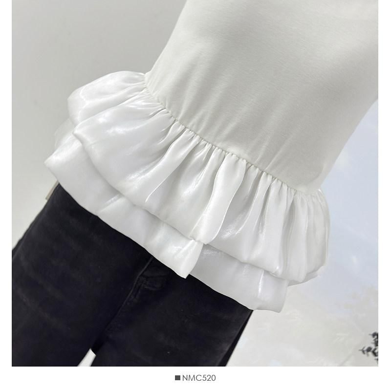 Ruffle Panel Mesh T-Shirt with Short Sleeves and Round Neck