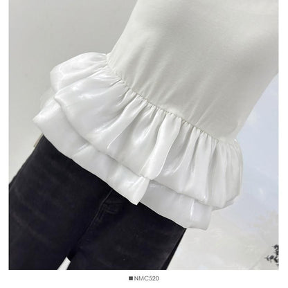 Ruffle Panel Mesh T-Shirt with Short Sleeves and Round Neck