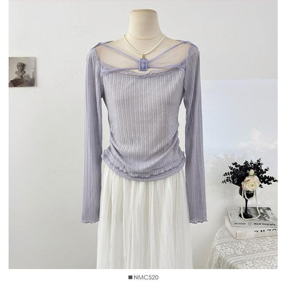 Mesh Top with Buckled Ribbed Lace Trim and Boat Neck