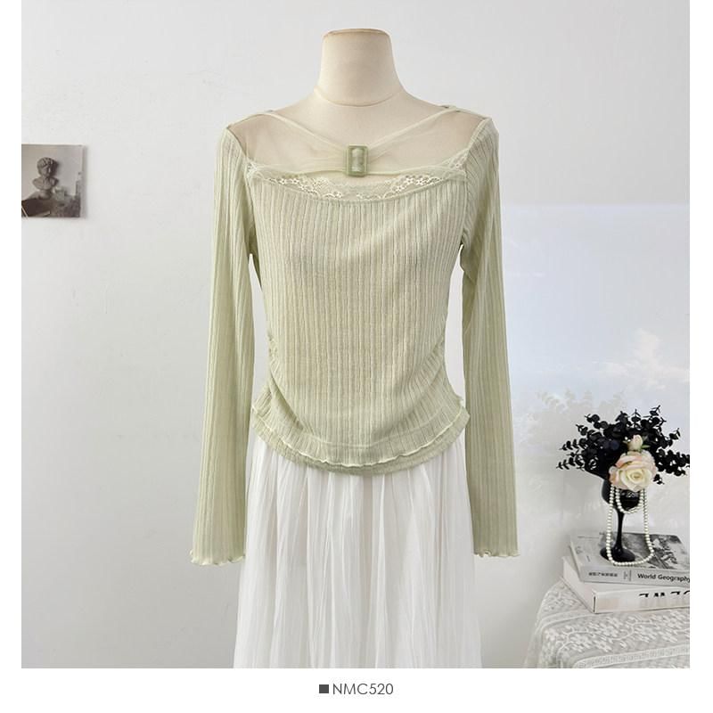 Mesh Top with Buckled Ribbed Lace Trim and Boat Neck