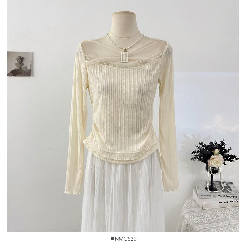 Mesh Top with Buckled Ribbed Lace Trim and Boat Neck