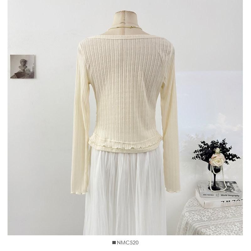 Mesh Top with Buckled Ribbed Lace Trim and Boat Neck