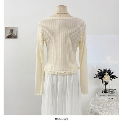 Mesh Top with Buckled Ribbed Lace Trim and Boat Neck