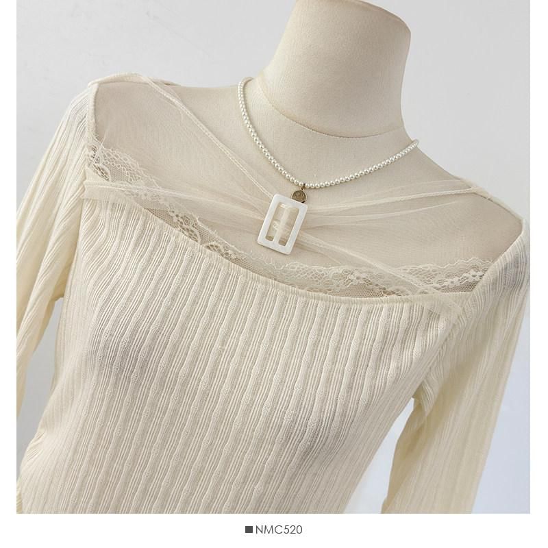 Mesh Top with Buckled Ribbed Lace Trim and Boat Neck