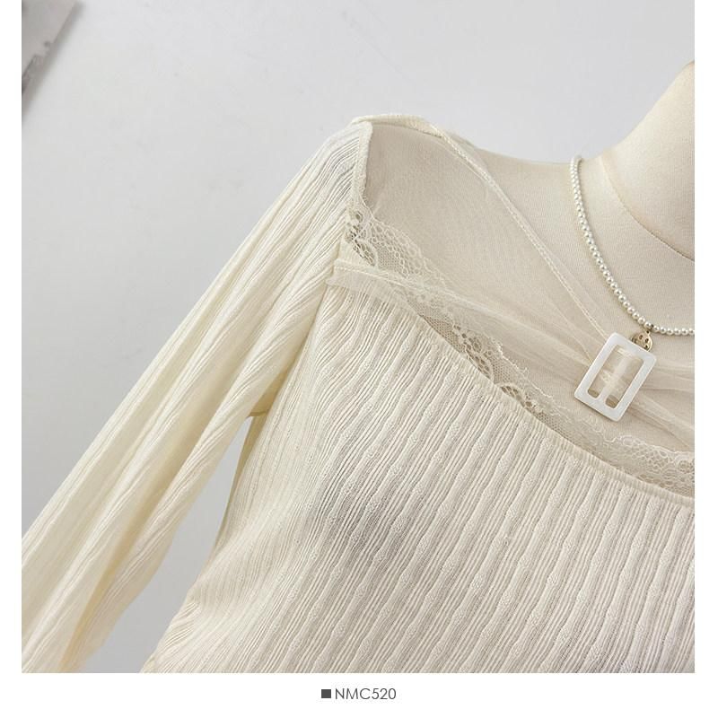 Mesh Top with Buckled Ribbed Lace Trim and Boat Neck