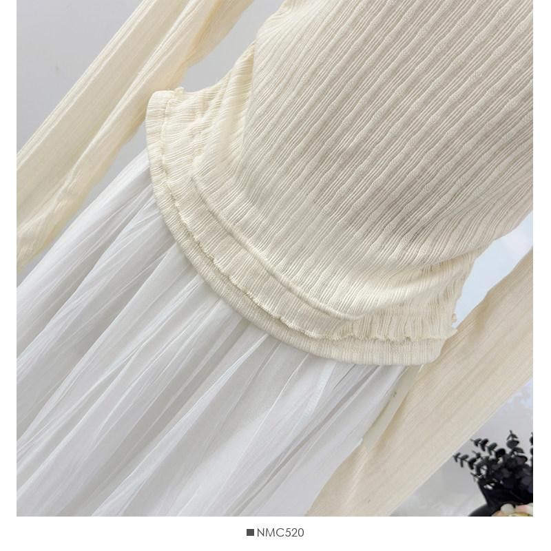 Mesh Top with Buckled Ribbed Lace Trim and Boat Neck