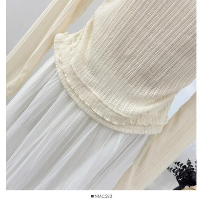 Mesh Top with Buckled Ribbed Lace Trim and Boat Neck