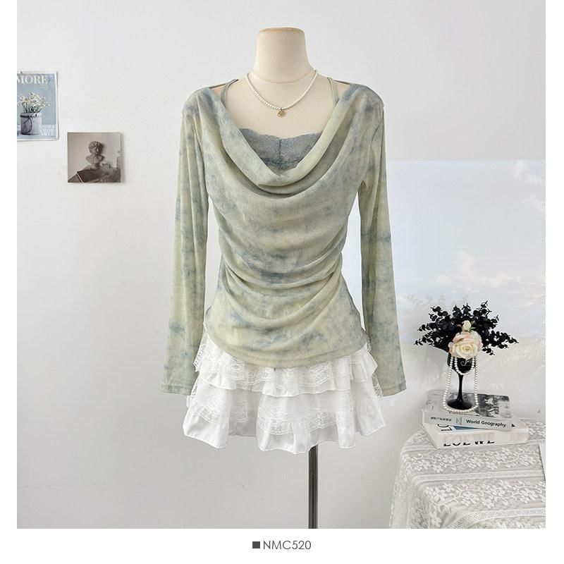 Tie Dye Lace Panel Top with Cowl Neck and Long Sleeves
