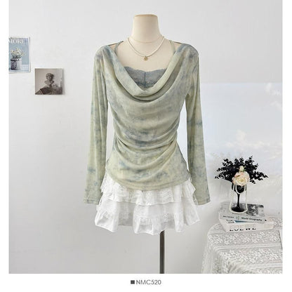 Tie Dye Lace Panel Top with Cowl Neck and Long Sleeves