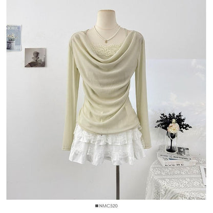 Tie Dye Lace Panel Top with Cowl Neck and Long Sleeves