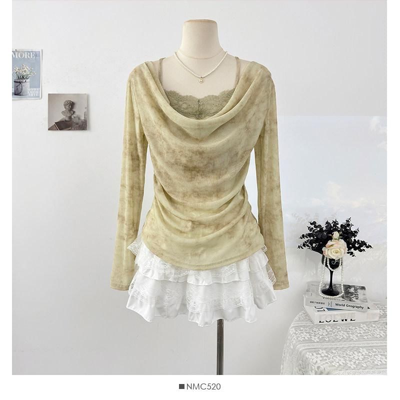 Tie Dye Lace Panel Top with Cowl Neck and Long Sleeves