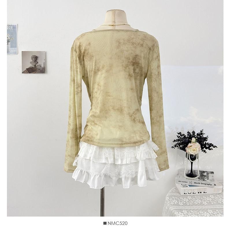 Tie Dye Lace Panel Top with Cowl Neck and Long Sleeves