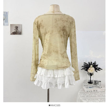 Tie Dye Lace Panel Top with Cowl Neck and Long Sleeves