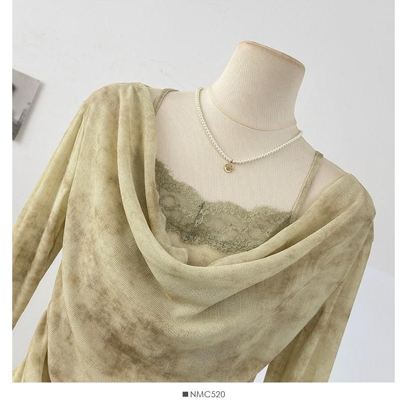 Tie Dye Lace Panel Top with Cowl Neck and Long Sleeves