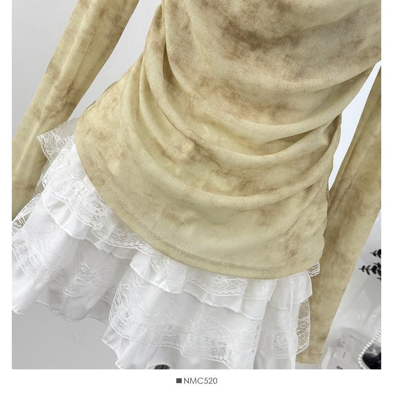 Tie Dye Lace Panel Top with Cowl Neck and Long Sleeves