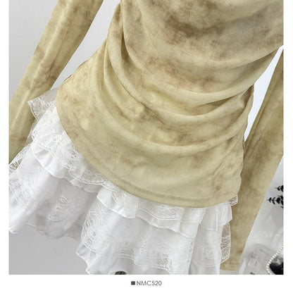 Tie Dye Lace Panel Top with Cowl Neck and Long Sleeves