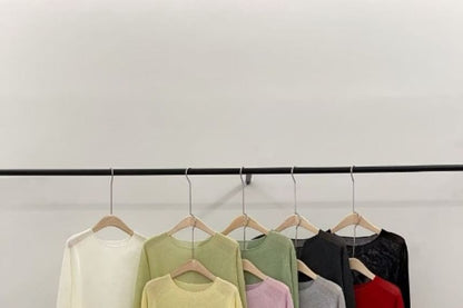 Sheer Knit Top with Crew Neck and Long Sleeves in Solid Tone