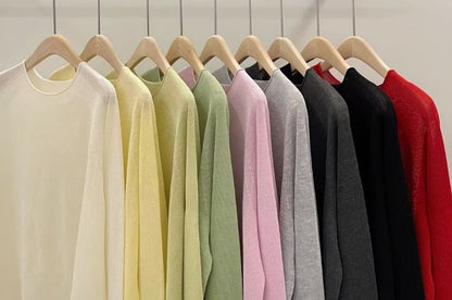 Sheer Knit Top with Crew Neck and Long Sleeves in Solid Tone