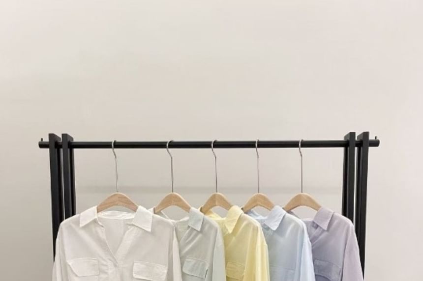 Collared Tie Waist Blouse with V-Neck and Long Sleeves