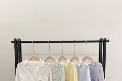 Collared Tie Waist Blouse with V-Neck and Long Sleeves