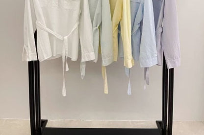 Collared Tie Waist Blouse with V-Neck and Long Sleeves