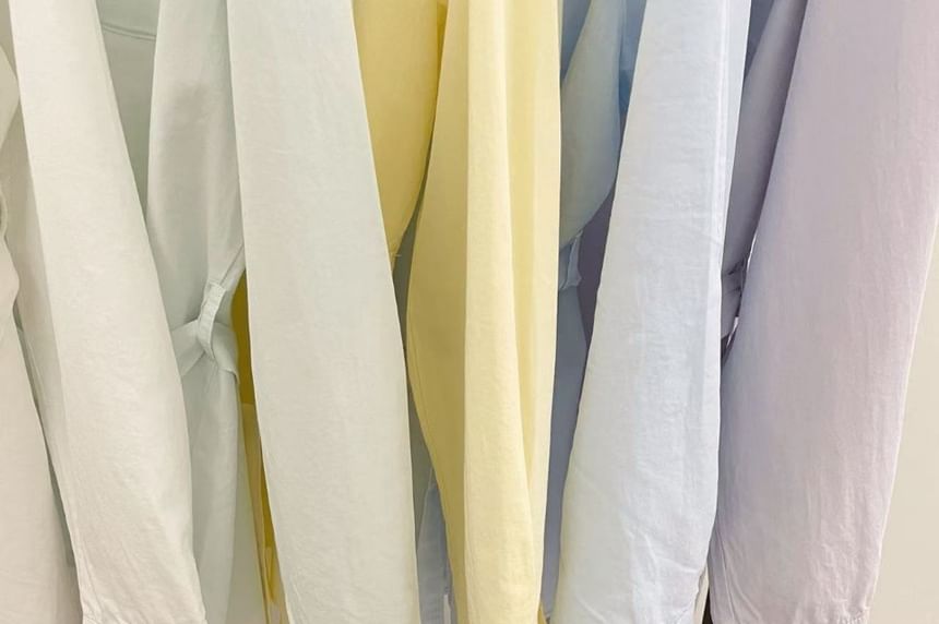 Collared Tie Waist Blouse with V-Neck and Long Sleeves