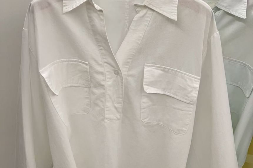 Collared Tie Waist Blouse with V-Neck and Long Sleeves