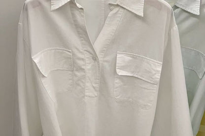 Collared Tie Waist Blouse with V-Neck and Long Sleeves