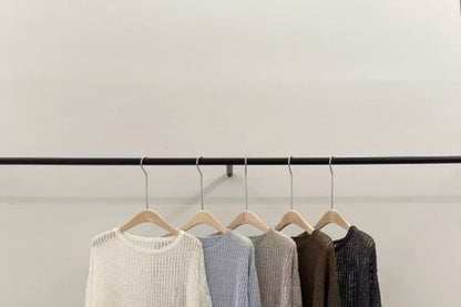Perforated Knit Top with Long Sleeves and Crew Neck in Solid