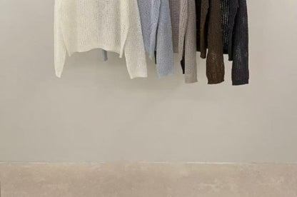 Perforated Knit Top with Long Sleeves and Crew Neck in Solid