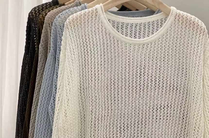Perforated Knit Top with Long Sleeves and Crew Neck in Solid
