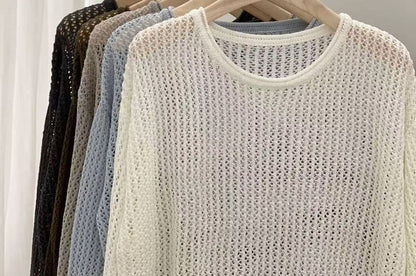 Perforated Knit Top with Long Sleeves and Crew Neck in Solid
