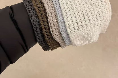 Perforated Knit Top with Long Sleeves and Crew Neck in Solid