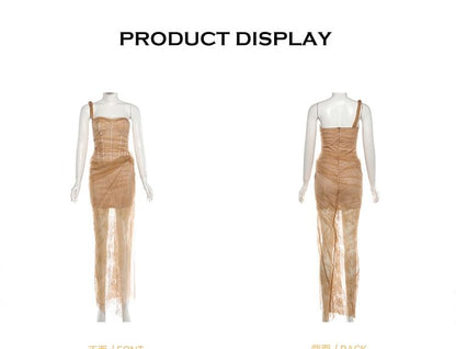Single Spaghetti Strap Lace Slit Max Bodycon Dress