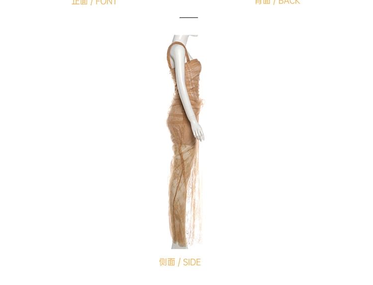Single Spaghetti Strap Lace Slit Max Bodycon Dress