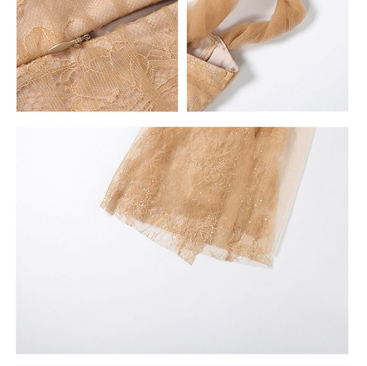 Single Spaghetti Strap Lace Slit Max Bodycon Dress