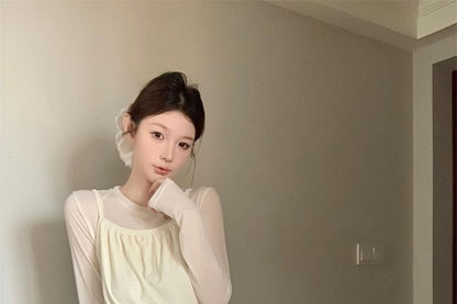 Set: Long-Sleeve Crew Neck Plain T-Shirt + Spaghetti Strap Lace Panel Drawstring Waist Mini A-Line Dress