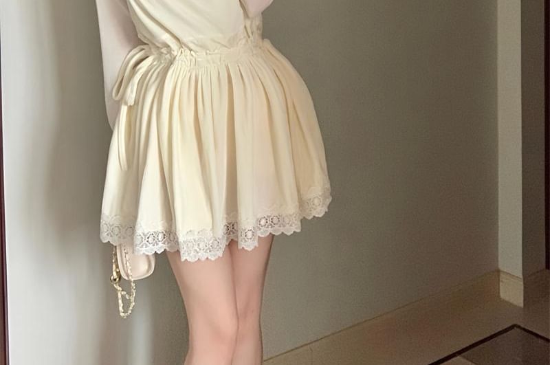Set: Long-Sleeve Crew Neck Plain T-Shirt + Spaghetti Strap Lace Panel Drawstring Waist Mini A-Line Dress