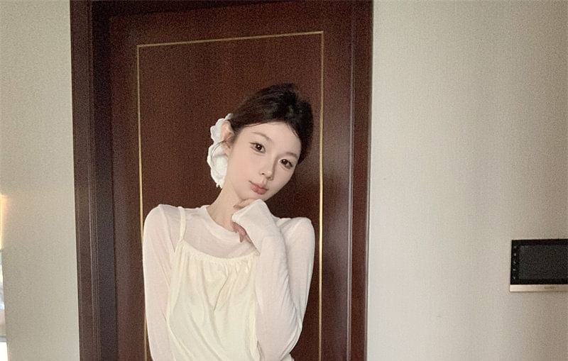 Set: Long-Sleeve Crew Neck Plain T-Shirt + Spaghetti Strap Lace Panel Drawstring Waist Mini A-Line Dress