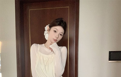 Set: Long-Sleeve Crew Neck Plain T-Shirt + Spaghetti Strap Lace Panel Drawstring Waist Mini A-Line Dress