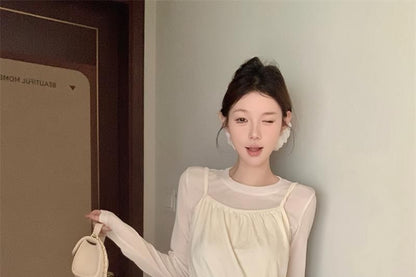 Set: Long-Sleeve Crew Neck Plain T-Shirt + Spaghetti Strap Lace Panel Drawstring Waist Mini A-Line Dress