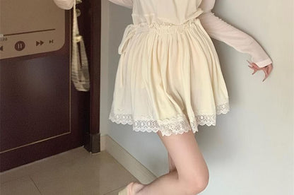 Set: Long-Sleeve Crew Neck Plain T-Shirt + Spaghetti Strap Lace Panel Drawstring Waist Mini A-Line Dress