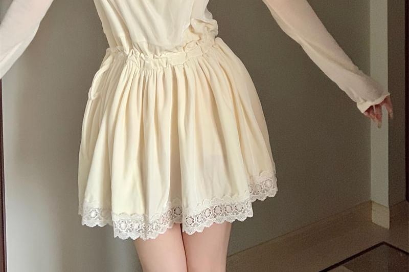 Set: Long-Sleeve Crew Neck Plain T-Shirt + Spaghetti Strap Lace Panel Drawstring Waist Mini A-Line Dress